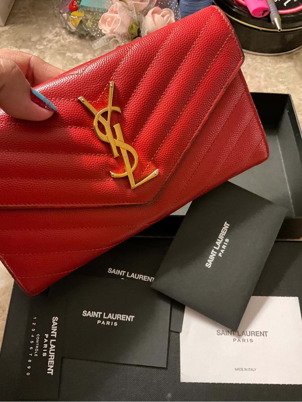 Saint Laurent Red Quilted Leather Wallet on Chain - Picture 2 of 15